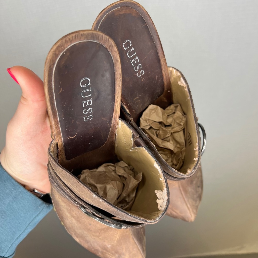 Guess Jovanna-T Brown Leather Studded Wood Platform Clog Mules Womens 9M - Picture 6 of 8